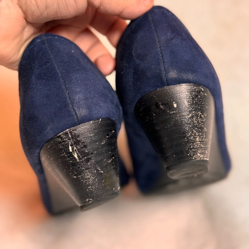 Nicole Navy Soft‎ Peep Toe Flats with Small Chunk Heal & Cute Bow, Sz 10W